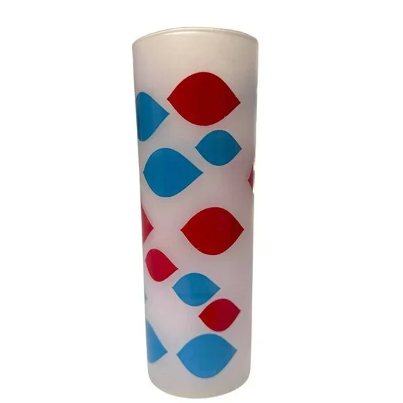 Dairy Queen Frosted Glass Highball Tumbler Retro Red and Blue Pattern Vintage - Picture 2 of 8